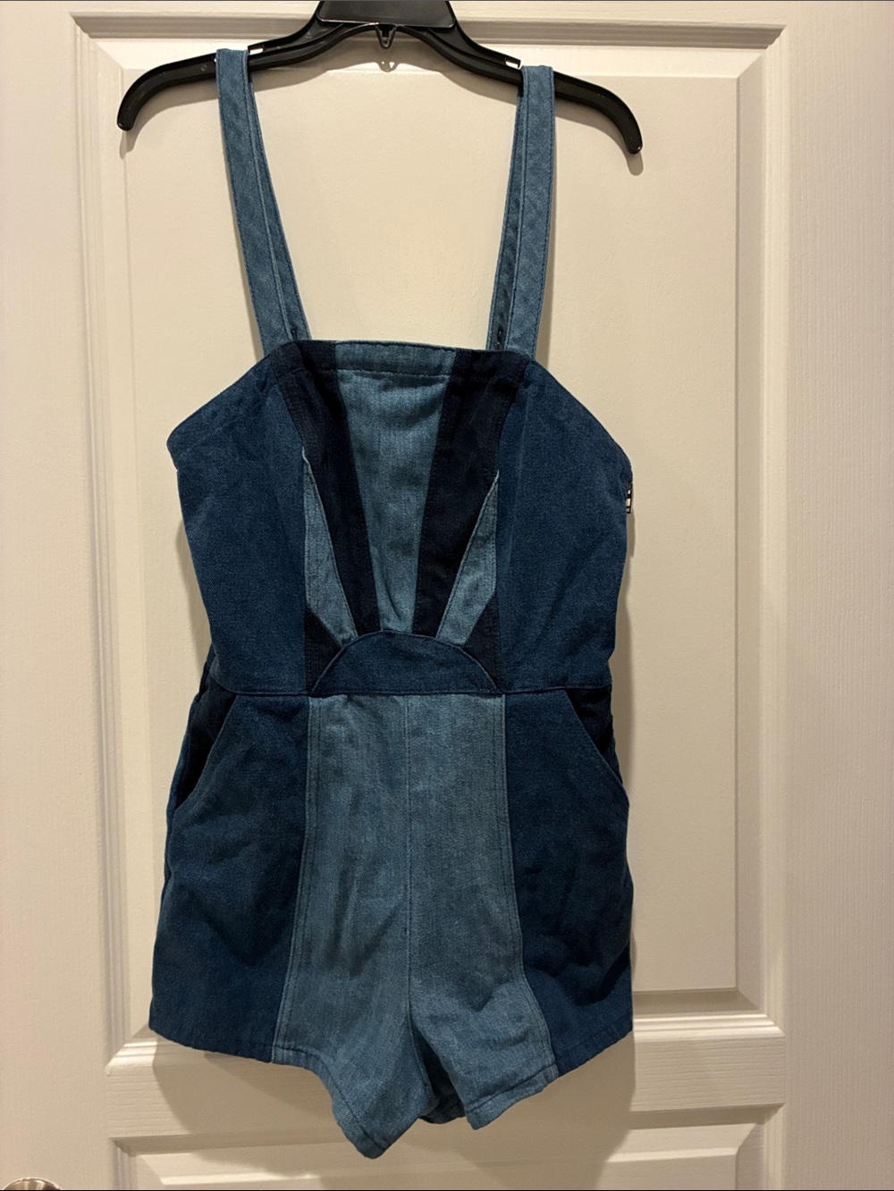 Blank NYC Two-Tone Blue Patchwork Denim Romper Shorts